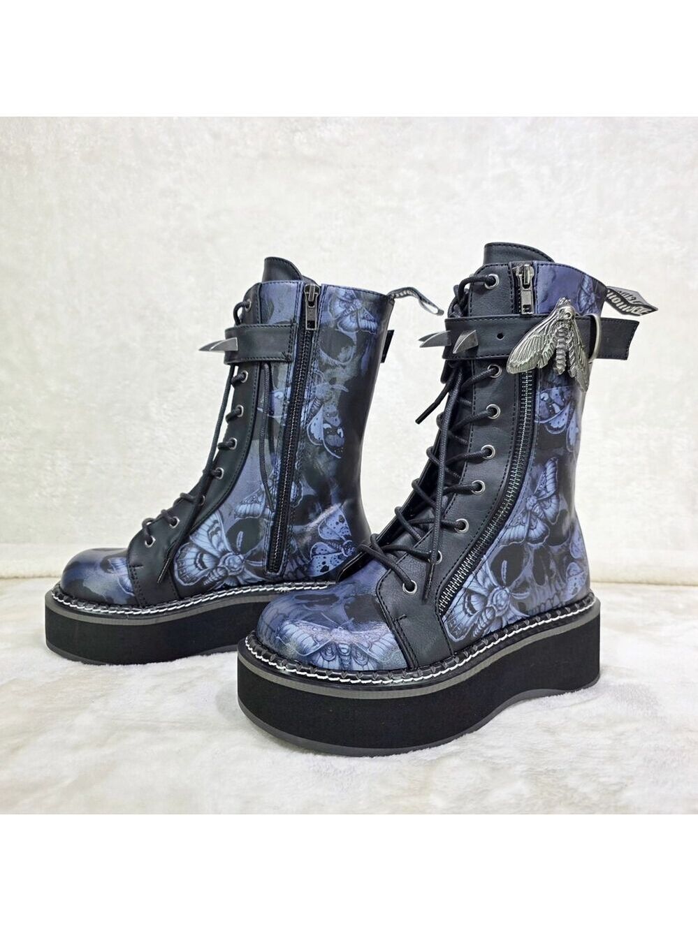 NIB NEW DEMONIA Emily Death Moth Skull Graphic Platform Goth Punk Mid Calf Boots - Picture 14 of 16